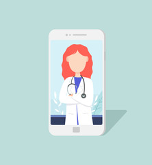 Chat for smartphone screen with female red hair doctor. Medicine and telemedicine concept. Vector flat person illustration.