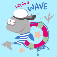 Funny little dolphin sailor vector character illustration. Catch a wave collection