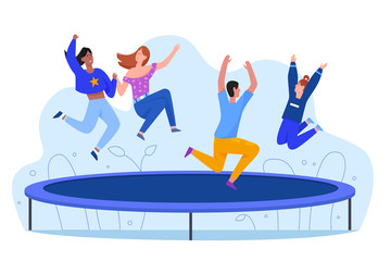 Happy young people at trampoline character flat vector illustration, active rest, lifestyle concept. Friends jump and bounce at entertainment outdoor. Sport training, leisure industry, free time