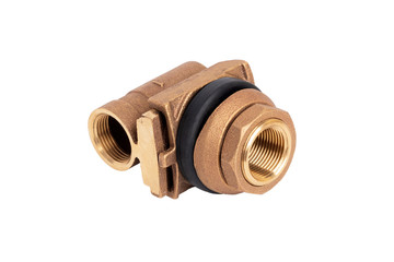 Adapter for the well on a white background. Brass adapter with inlet, threaded outlet and rubber o-ring.