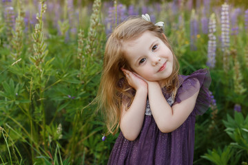 Cute, four year old girl in violet dress fold hands near face. Funny smiling child among field of lupin flowers. Kid play outdoor. Concept of happy childhood and summer leisure. Close up portrait