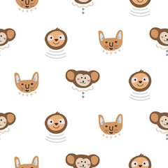 Animal heads fun cute seamless pattern vector. Childish cartoon background with monkey, koala and sloth.