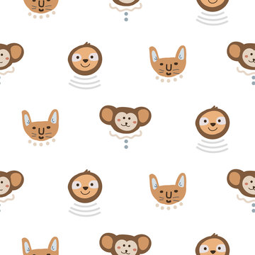 Animal heads fun cute seamless pattern vector. Childish cartoon background with monkey, koala and sloth.