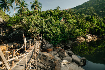 Fototapeta na wymiar Forest landscape with a wooden jungle bridge and a house roof against the backdrop of the mountains. Housing in the natural area.