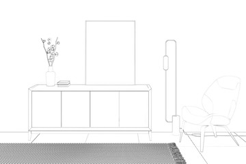Sketch of the interior of a room with a vertical poster on a commode, cotton branches in a vase, a floor lamp, and a modern armchair. Front view. Mock up. 3d render