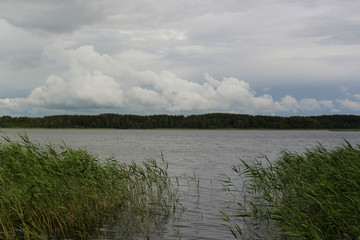 View across lake from viewing deck near rowing facility with distant properties across other side. under overcast sky.