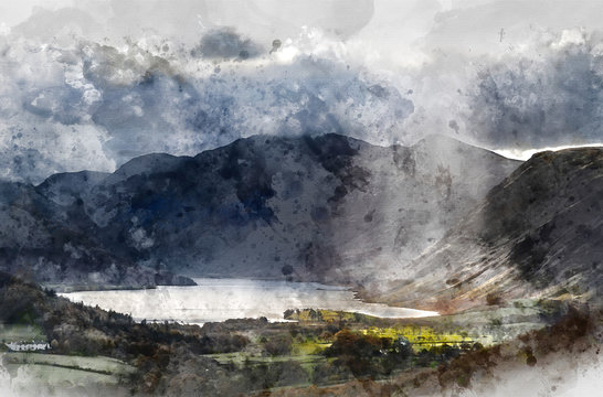 Digital watercolor painting of Majestic sun beams light up Crummock Water in epic Autumn Fall landscape image with Mellbreak and Grasmoor