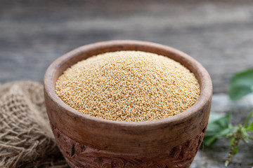 Raw Organic Amaranth Grain in a Bowl witnAmaranth plant on Rustic wooden background. Healthy colorful gluten free food concept