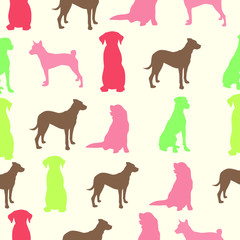Fototapeta premium Seamless color pattern with cute dogs. Vector illustration with funny puppies. Background for fabric, textile design, wrapping paper or wallpaper.