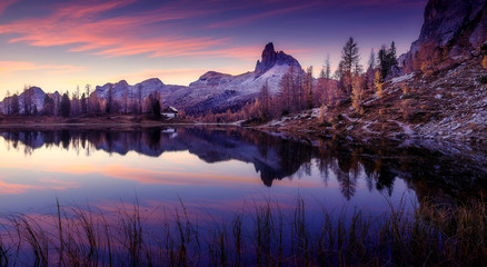 The beautiful nature landscape. Great view on Federa Lake early in the morning. The Federa lake with the Dolomites peak, Cortina D'Ampezzo, South Tyrol, Dolomites, Italy. popular travel locations.