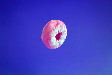 Homemade donut with powdered sugar in motion falling on the blue  background. Closeup. Copy space.