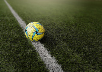 The poor soccer ball was kicked to the fieldline and it is probably to be in the field or out the field in the next few minute.