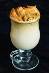 Dalgona coffee trend ice drink
cappuccino or latte fluffy creamy whipped
Menu concept healthy eating. food background top view copy space for text