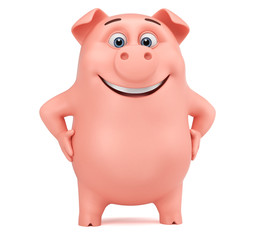 Funny pink pig cartoon character on a white background. 3d render illustration.
