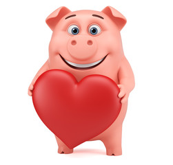 Cheerful pink pig cartoon character on a white background holding a big heart. 3d render illustration.