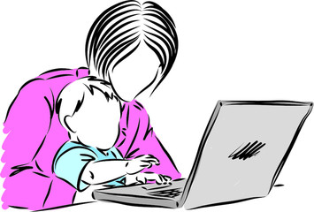 mother with baby tapping keyboard computer laptop vector illustration