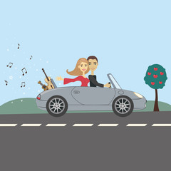 Picture of happy man and woman in a car on a way. Vector modern and flat illustration.