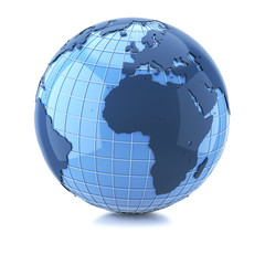 3d render illustration. Blue globe on a white background.