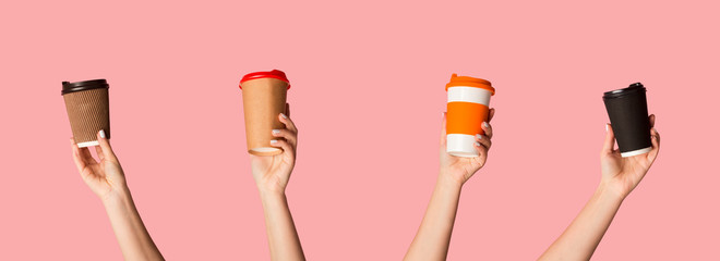 Collage with female hands holding disposable and reusable cups with hot drinks on pink background, close up. Panorama