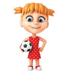Cheerful little girl cartoon character with a soccer ball on a white background. 3d render illustration.