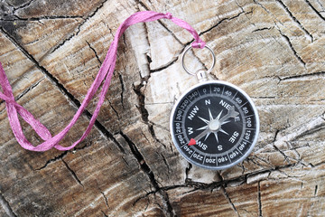 Fototapeta na wymiar Old compass on tree in forest