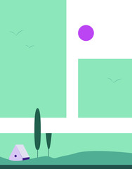 Vector illustration of a house. Blue sea background with mountains, sky and seagulls.