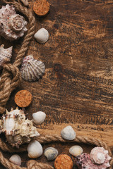 Nautical knots with rope and seashell on old burnt wooden board with place for text.