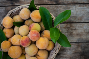 Close up peachs fruit on wood table.