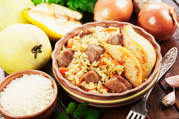 Pilaf with meat and quince