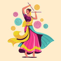 Vector design of woman playing garba dance for Dussehra Dandiya night during Navratri