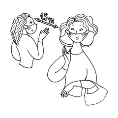 Young girls in medical masks greeting each other keeping a safe distance, black and white, vector illustration, doodle