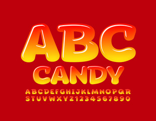 Vector Candy Alphabet. Glossy Red and Yellow Font. Creative bright Letters and Numbers