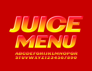 Vector bright logo Juice Menu. Red and Yellow modern Font. Glossy Alphabet Letters and Numbers