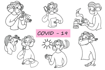 Girl shows rules of conduct during a pandemic, black and white image, vector illustration, doodle