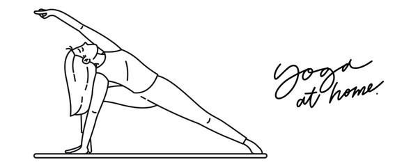 Young woman sitting in yoga posture and meditating. Girl performing aerobics exercise and morning meditation at home. Physical and spiritual practice. Vector illustration in flat cartoon style.