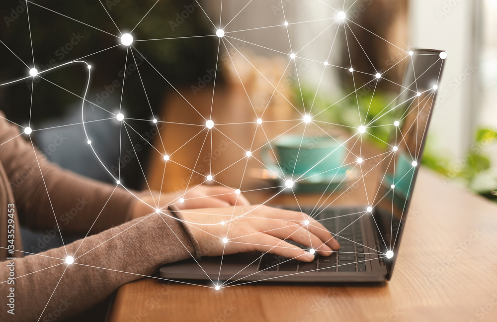 Poster woman using personal computer with flying network