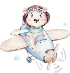 Aquarell Baby Cartoon Pilot Luftfahrt Hippopotamus, Löwe und Zebra Tiere Himmel Transport, Flugzeuge Wolken. niedliche kindliche babyduschenillustration © kris_art