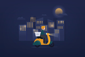 Night food delivery service E-commerce concept by scooter courier. Hand holding mobile application tracking a delivery riding 24 hour on a moped. city skyline in the background, vector