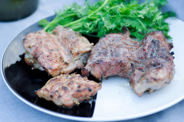 grilled pork , pork steak and beef steak