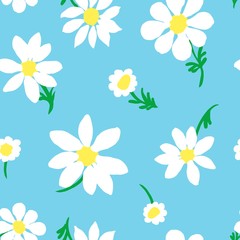 Fototapeta na wymiar All-over vector seamless repeat pattern with white daisies of different shapes with green stems tossed on a blue background