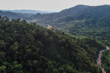 Deep waterfall river mountain green forest aerial view