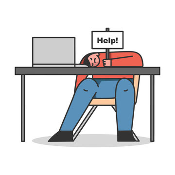 Concept Of Emotional Burnout Syndrome, Hard Working. Exhausted Tired Man Sleeping At Workplace On The Desk. Character Holds Plate With The Sign Help. Cartoon Linear Outline Flat Vector Illustration