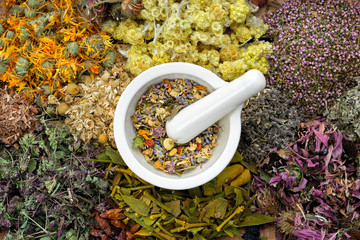 Healing herbs and mortar of medicinal herbs - thyme, coneflower, marigold, daisies, helichrysum...