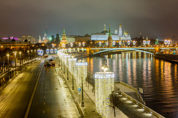 Fototapeta na wymiar Russia Moscow. View of the night city. The Kremlin of the Russian Federation is illuminated by lights.