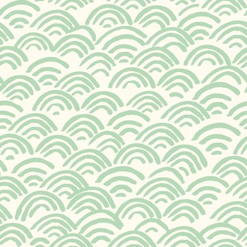 All over seamless vector repeat pattern with abstract geometric half circle Japanese koi fish scale rainbow wi-fi shapes in a soft celadon spa green color on a cream ivory off-white background