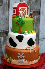 Child's birthday. Farm theme. Cake table with sweets and decoration