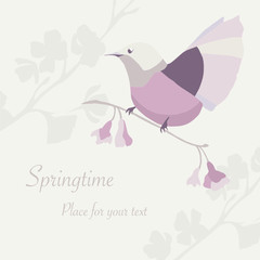Vector greeting card in Japanese style with pink bird and sakura branches