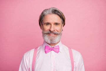 Close-up portrait of his he nice attractive well-groomed cheerful cheery grey-haired mature man wearing festal white shirt isolated over pink pastel color background