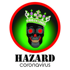 Biohazard Skull Sign with crown Vector Illustration. Black-red Danger Coronavirus Biohazard Warning Sign.