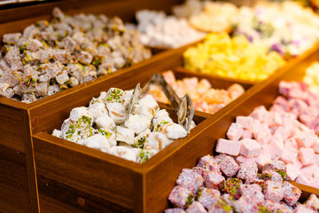Spices, nuts and other food for sale at a market in the old city Jerusalem, Israel